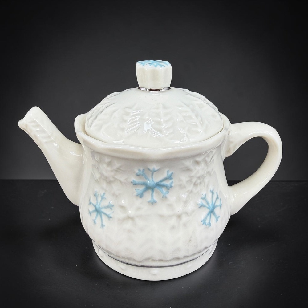Belleek Ireland Miniature Teapot Snowflake Blue White Parian China Christmas
